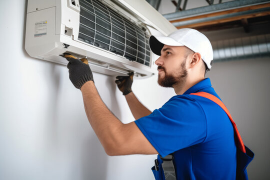 HVAC technician installing a mini split air conditioner in Pomona