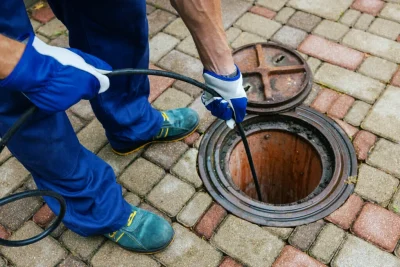 Plumber cleaning an outdoor sewer drain in Pomona