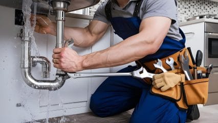 Plumber repairing pipes beneath a sink in Pomona